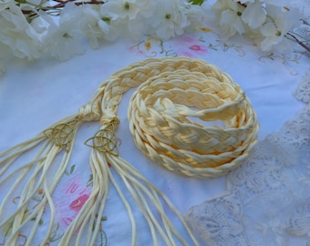 Cream pale yellow Celtic style 12 strand wide weave satin silky cord - hand fasting wedding - with triquetra knot charms