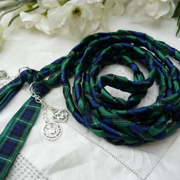 Campbell tartan - Handfasting cord- with green and navy - Celtic knot and scottish thistle charms - Scottish wedding - Clan tartan