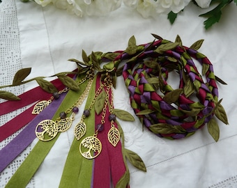 Amethyst crystal bead Hand fasting wedding cord- woodland wedding - burgundy,purple and moss green, satin leaves and gold tree of life