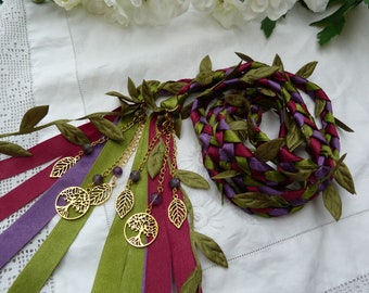 Amethyst crystal bead Hand fasting wedding cord- woodland wedding - burgundy,purple and moss green, satin leaves and gold tree of life
