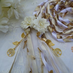 Gold, ivory and white lace hand fasting wedding cord with hand stitched flowers and gold trees and leaves woodland wedding binding cord image 2