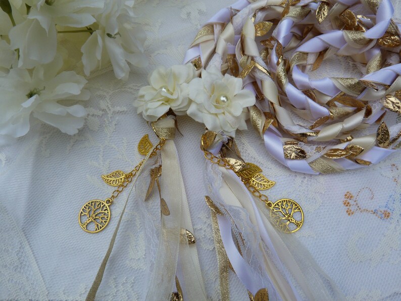 Gold, ivory and white lace hand fasting wedding cord with hand stitched flowers and gold trees and leaves woodland wedding binding cord image 2