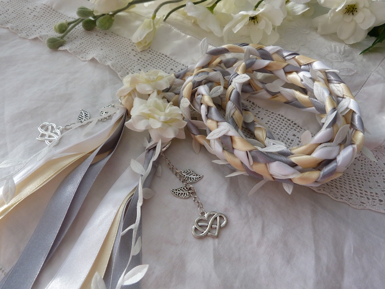 Ivory, silver, white hand fasting wedding cord with white leaves and hand stitched flowers silvertone charms infinity hearts image 1