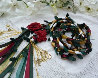 Winter Solstice wedding handfasting cord- Holly leaf trim with dark green, gold, burgundy,white, green- gold solstice charms - yule wedding