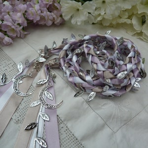 Moonchild  Lilac and silver Leaf handfasting wedding cord and moon charms - can choose colours - Also available in Gold