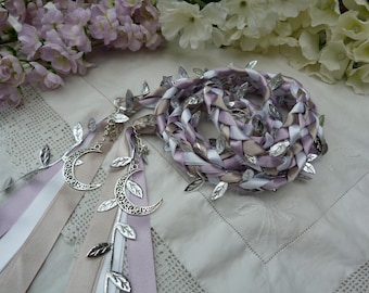 Moonchild  Lilac and silver Leaf handfasting wedding cord - filigree moon charms - can be made with your choice of colours