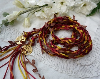 Satin silky cord with leaves - celtic 8 strand handfasting wedding - burgundy red rust gold - gold tree charms - fall autumn