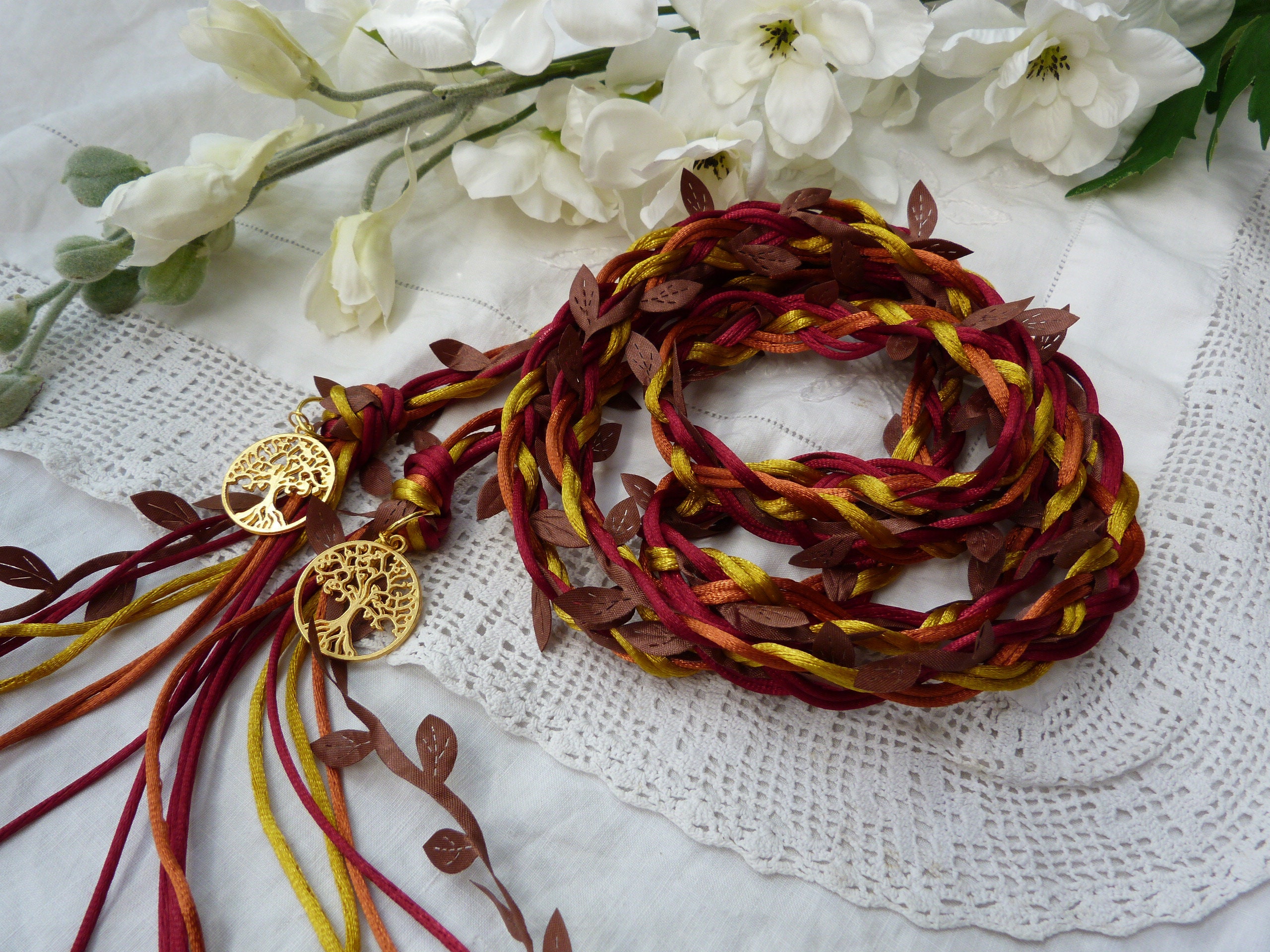 Satin silky cord with leaves - celtic 8 strand handfasting wedding - burgundy red rust gold - gold tree charms - fall autumn
