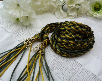 Celtic Handfasting Cord - Green & Gold Satin Wedding Braid with Trinity Knots
