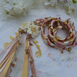 Rose gold, blush pink and ivory lace hand fasting wedding cord with hand stitched flowers and gold trees and leaves