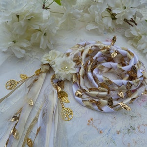 Gold, ivory and white lace hand fasting wedding cord with hand stitched flowers and gold trees and leaves woodland wedding binding cord image 1