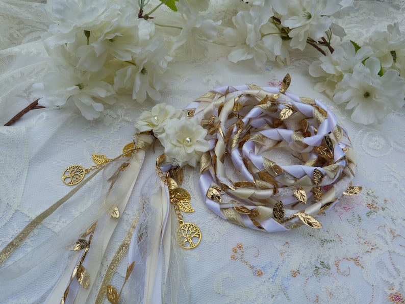 Gold, ivory and white lace hand fasting wedding cord with hand stitched flowers and gold trees and leaves woodland wedding binding cord image 1