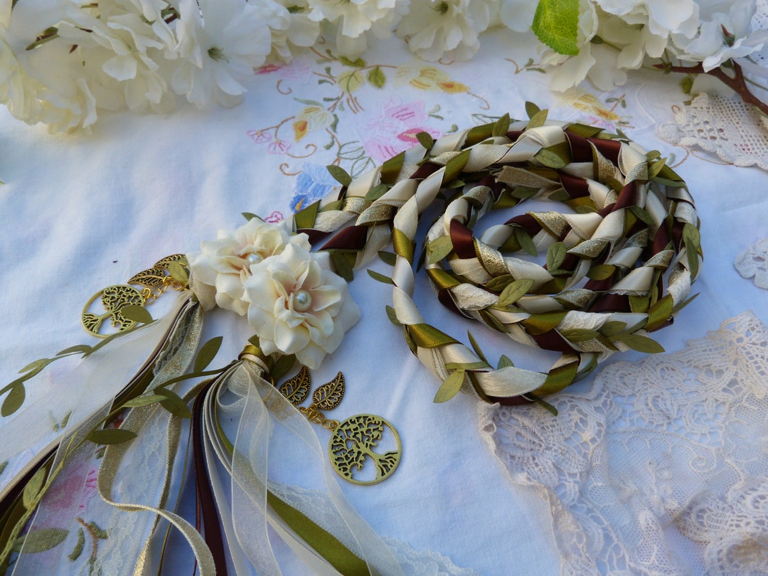Chocolate, Moss and Ivory, Lace Wedding Cord With Hand Stitched Flowers