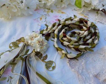 Chocolate, moss and ivory, lace wedding cord with hand stitched flowers and gold trees and leaves - woodland wedding binding cord