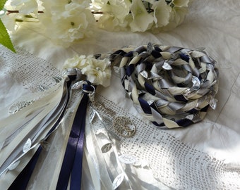 Navy blue and silver lace hand fasting wedding cord with hand stitched flowers and silver entwined trees and leaves