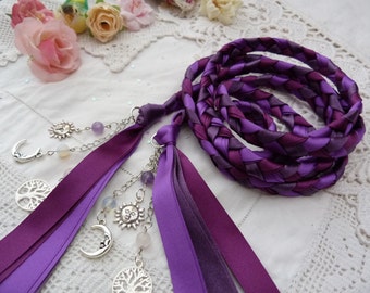 Sun and moon purple Hand fasting wedding cord- with charms and semi precious crystal beads - rose quartz - amethyst - moonstone