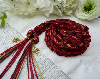 Yule wedding - rich red, green and gold wide flat weave satin silky hand fasting wedding cord - 12 strand -  with gold snowflake charms