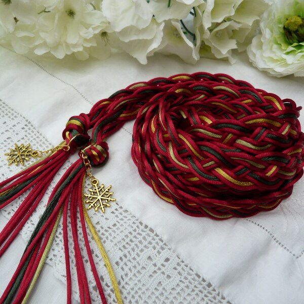 Yule wedding - rich red, green and gold wide flat weave satin silky hand fasting wedding cord - 12 strand -  with gold snowflake charms