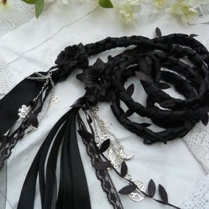 Black lace Handfasting wedding binding cord- All Black with lace, chiffon, satin, leaves, hand stitched flowers - silver charms - samhain
