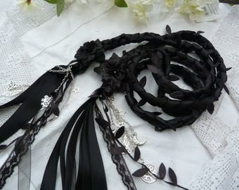 Black lace Handfasting wedding binding cord- All Black with lace, chiffon, satin, leaves, hand stitched flowers - silver charms - samhain