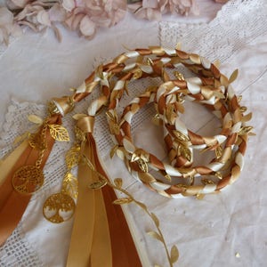 Gold leaves wedding cord- antique gold, light gold and ivory - with leaves and gold trees - autumn fall christmas yule hand fasting cord