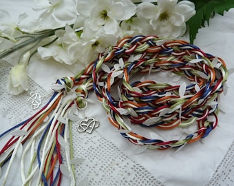 Woodland Celtic 12 strand wide weave satin silky cord with ivory leaves - hand fasting wedding - with infinity heart charms