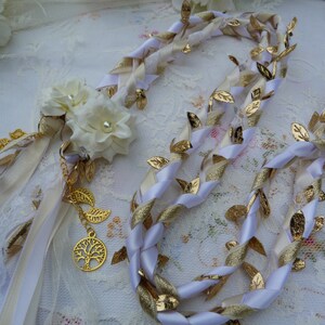 Gold, ivory and white lace hand fasting wedding cord with hand stitched flowers and gold trees and leaves woodland wedding binding cord image 4