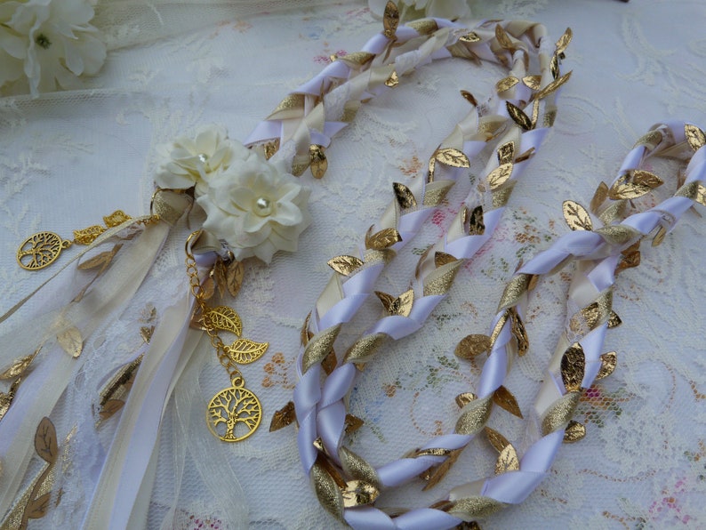 Gold, ivory and white lace hand fasting wedding cord with hand stitched flowers and gold trees and leaves woodland wedding binding cord image 4