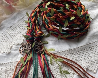 Woodland Celtic 12 strand wide weave satin silky cord with leaves - hand fasting wedding - copper burgundy forest