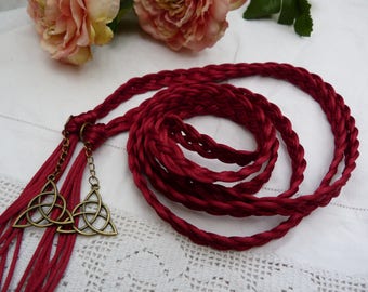 Celtic 8 strand weave satin silky cord - handfasting wedding - burgundy red - bronze celtic triquetra knots - choose your colour