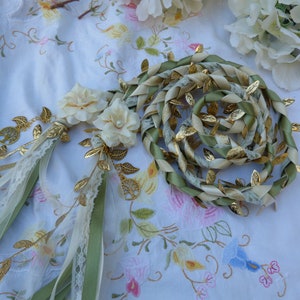 Sage and ivory lace hand fasting wedding cord with hand stitched flowers and gold trees and leaves - woodland wedding binding cord