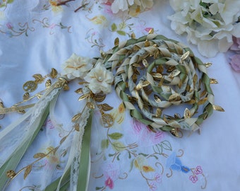 Sage and ivory lace hand fasting wedding cord with hand stitched flowers and gold trees and leaves - woodland wedding binding cord