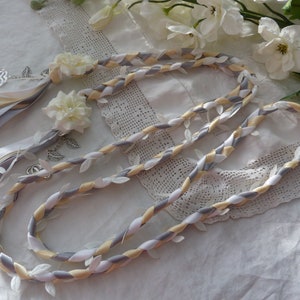 Ivory, silver, white hand fasting wedding cord with white leaves and hand stitched flowers silvertone charms infinity hearts image 3