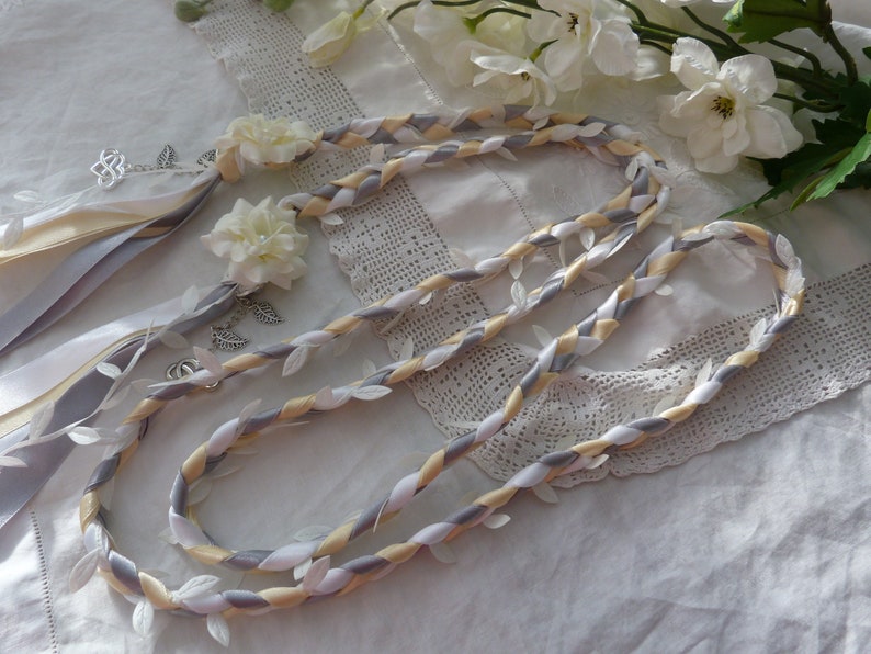 Ivory, silver, white hand fasting wedding cord with white leaves and hand stitched flowers silvertone charms infinity hearts image 3