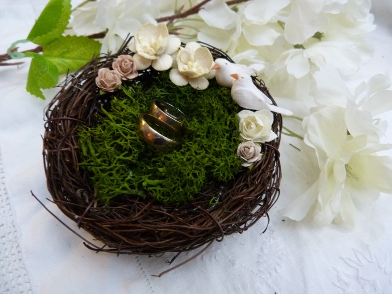 woodland wedding White love bird nest ring bearer pillow with white and ivory flowers and real moss country wedding