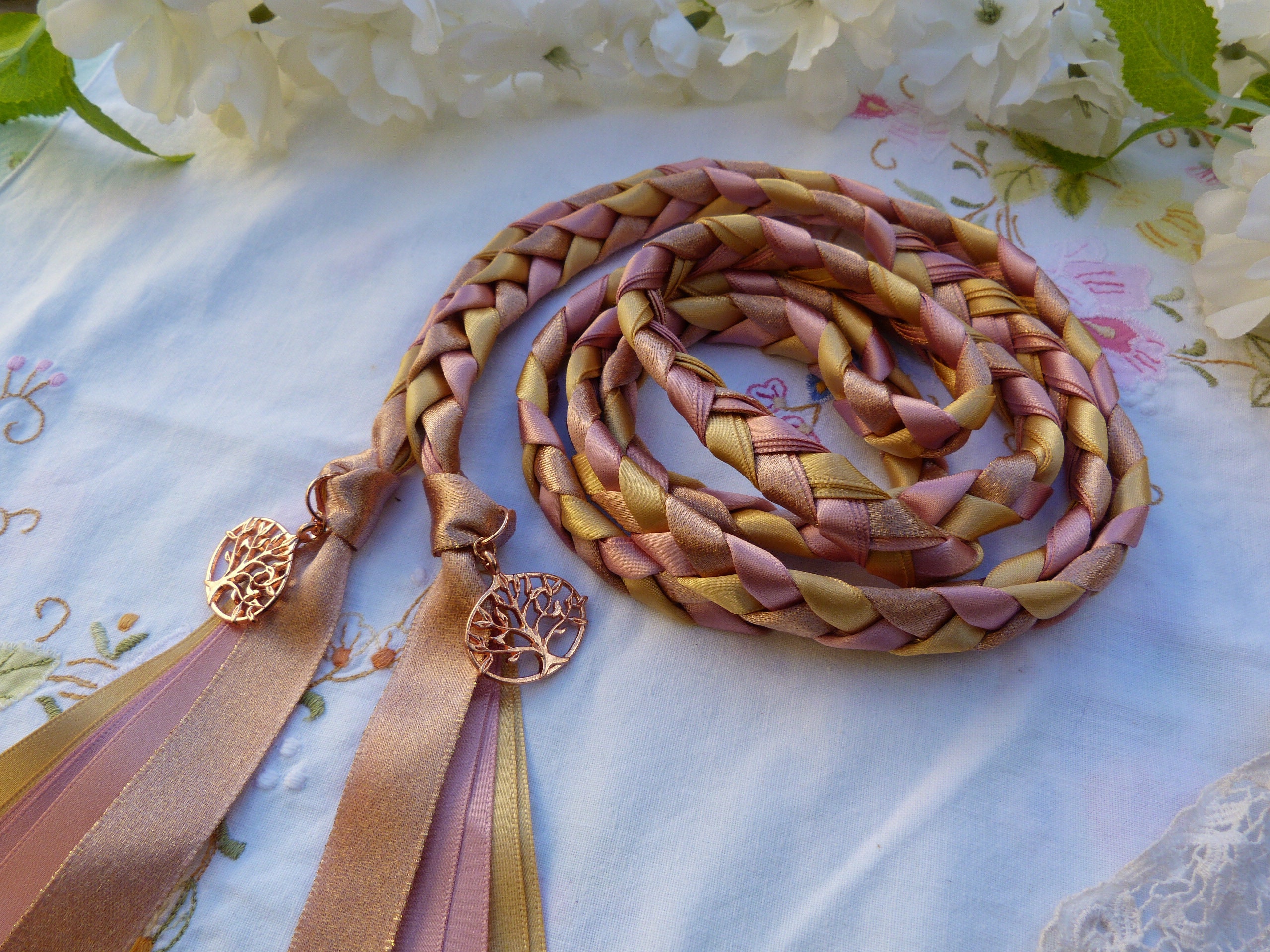 Coral, Soft Gold and White Handfasting Cord with Tree of Life- Braided  Together- Ceremony- Rope- Cord- Wedding