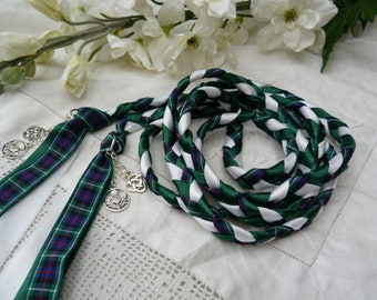 Mackenzie tartan - Handfasting cord- with green and white - Celtic knot and scottish thistle charms - Scottish wedding - Clan tartan