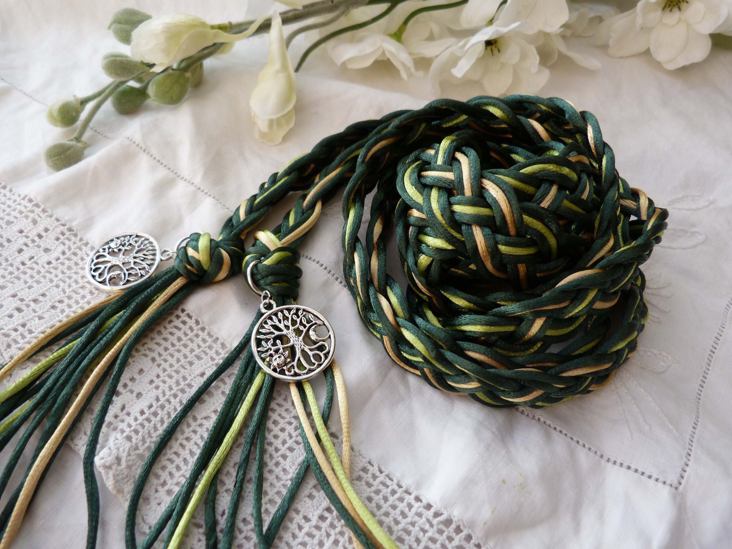 Celtic wide weave satin cord - Forest green, light green and gold -…
