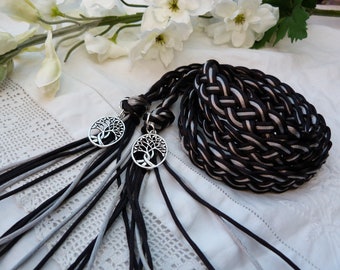 Celtic wide flat weave satin silky hand fasting wedding cord - 12 strand - black and silver with entwined tree charms