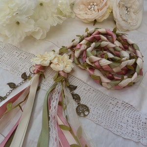 Blush pink, sage and ivory lace hand fasting wedding cord with hand stitched flowers and bronze trees and leaves