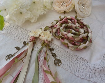 Blush pink, sage and ivory lace hand fasting wedding cord with hand stitched flowers and bronze trees and leaves