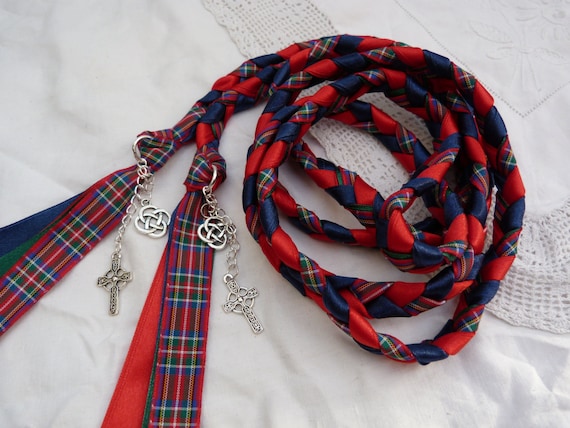 Royal Stewart tartan - Handfasting cord- Red and navy - celtic knot and celtic cross charms - red tartan - Scottish wedding