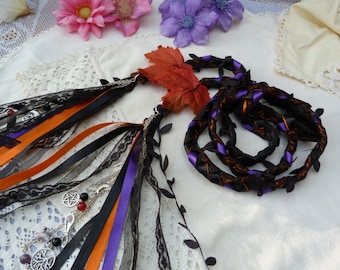 Samhain handfasting fall wedding cord - black, purple orange, lace, with semi precious beads