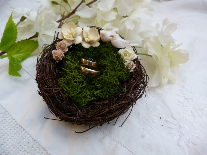 woodland wedding White love bird nest ring bearer pillow with white and ivory flowers and real moss country wedding