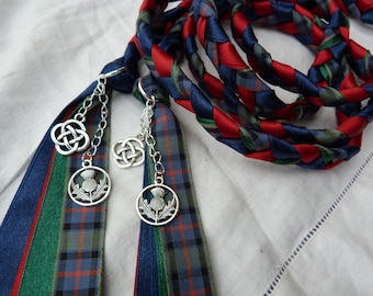 Flower of Scotland - Handfasting cord- Tartan, red and navy - celtic knot and scottish thistle charms