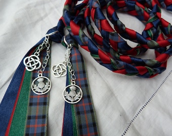 Flower of Scotland - The original - Handfasting cord- Tartan, red and navy - with Celtic knot and Scottish thistle charms