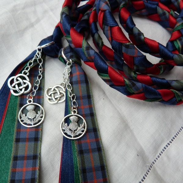 Flower of Scotland - The original - Handfasting cord- Tartan, red and navy - with Celtic knot and Scottish thistle charms