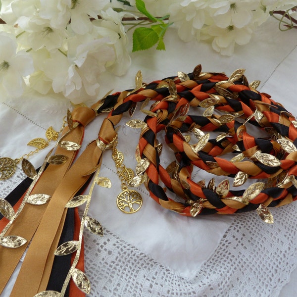 Fall wedding cord- autumn colours - burnt orange, black and gold with gold  leaves and gold trees.