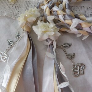 Ivory, silver, white hand fasting wedding cord with white leaves and hand stitched flowers silvertone charms infinity hearts image 2