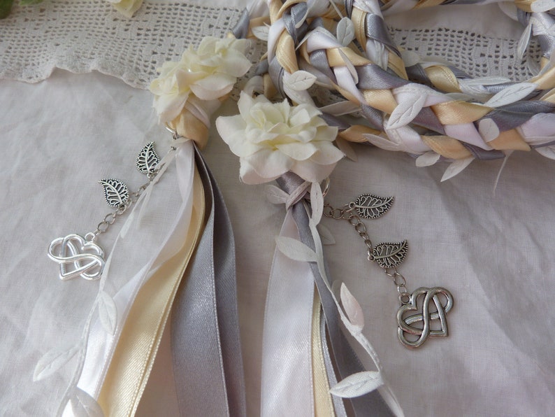 Ivory, silver, white hand fasting wedding cord with white leaves and hand stitched flowers silvertone charms infinity hearts image 2